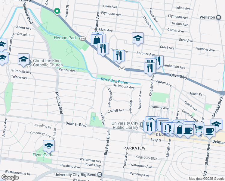 map of restaurants, bars, coffee shops, grocery stores, and more near 6963 Amherst Avenue in University City