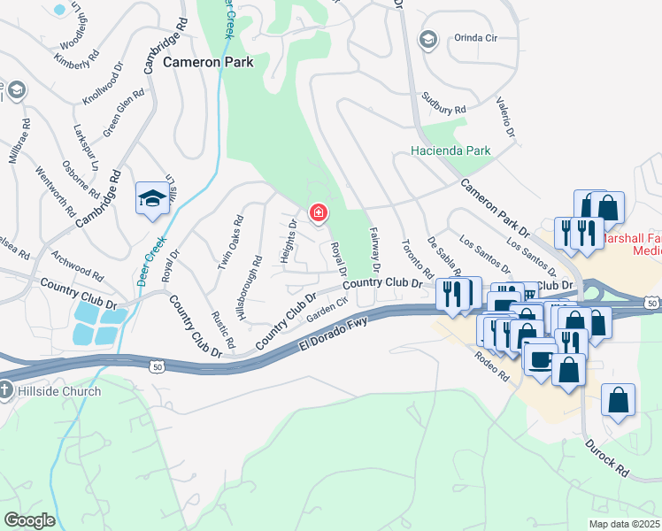 map of restaurants, bars, coffee shops, grocery stores, and more near 3293 Amethyst Lane in Cameron Park