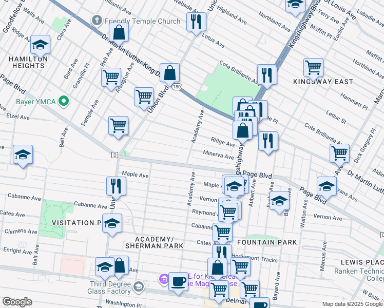 map of restaurants, bars, coffee shops, grocery stores, and more near 5090 Minerva Avenue in St. Louis