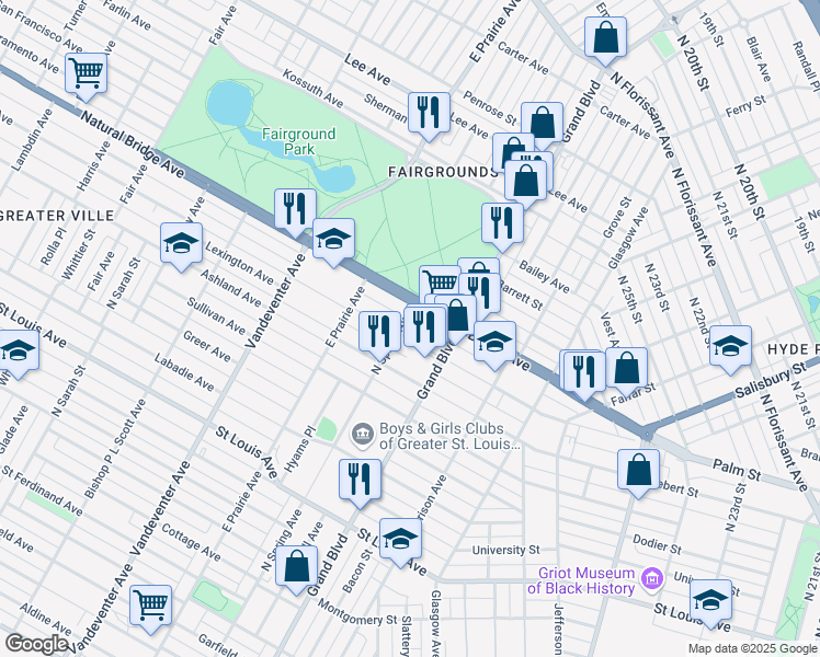 map of restaurants, bars, coffee shops, grocery stores, and more near 3637 Palm Street in St. Louis