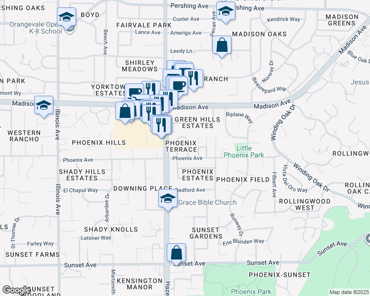 map of restaurants, bars, coffee shops, grocery stores, and more near 5252 Tucson Cir in Fair Oaks