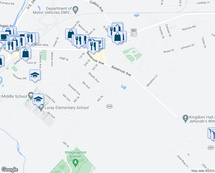 map of restaurants, bars, coffee shops, grocery stores, and more near 511 9th Avenue in Luray