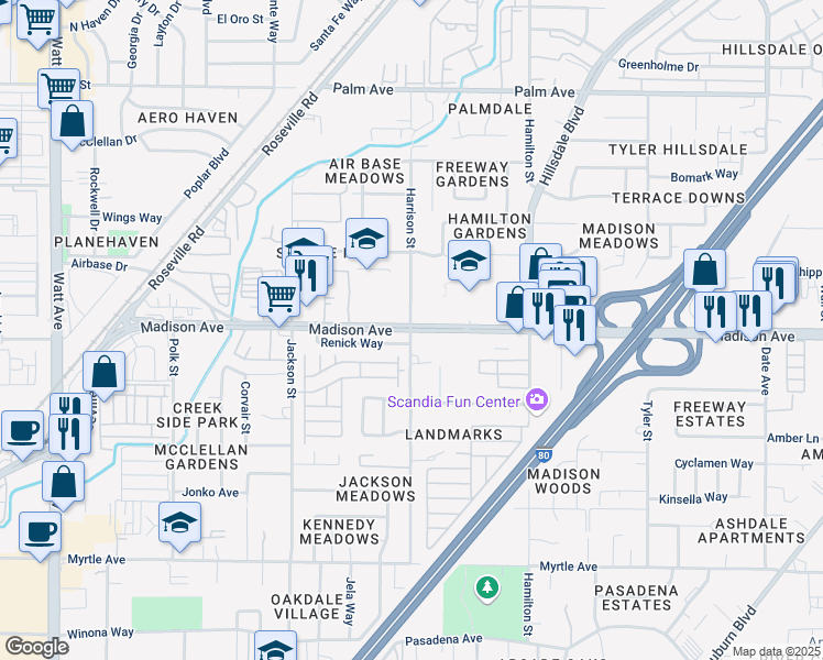 map of restaurants, bars, coffee shops, grocery stores, and more near Madison Avenue & Harrison Street in North Highlands