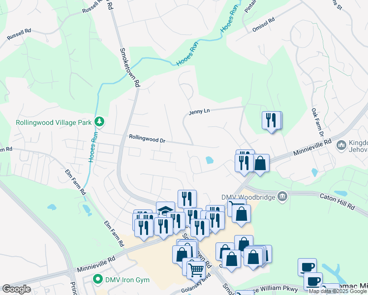 map of restaurants, bars, coffee shops, grocery stores, and more near 3320 Rollingwood Drive in Woodbridge