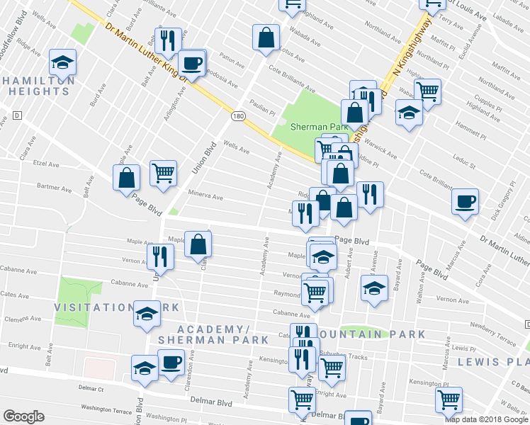 map of restaurants, bars, coffee shops, grocery stores, and more near 5090 Minerva Avenue in St. Louis