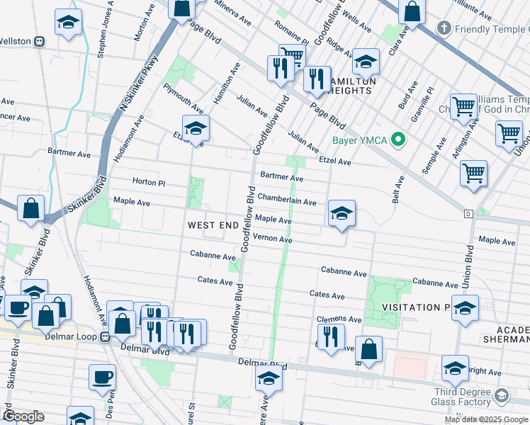map of restaurants, bars, coffee shops, grocery stores, and more near 5754 Chamberlain Avenue in St. Louis