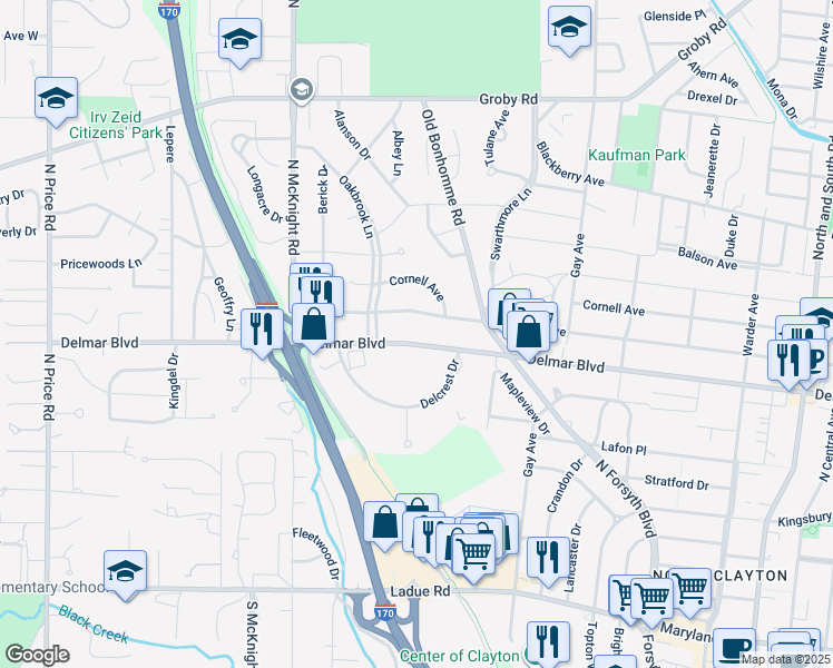 map of restaurants, bars, coffee shops, grocery stores, and more near 8315 Delmar Boulevard in St. Louis