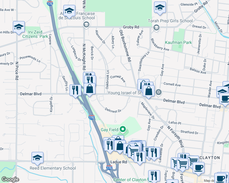 map of restaurants, bars, coffee shops, grocery stores, and more near 8315 Delmar Boulevard in St. Louis