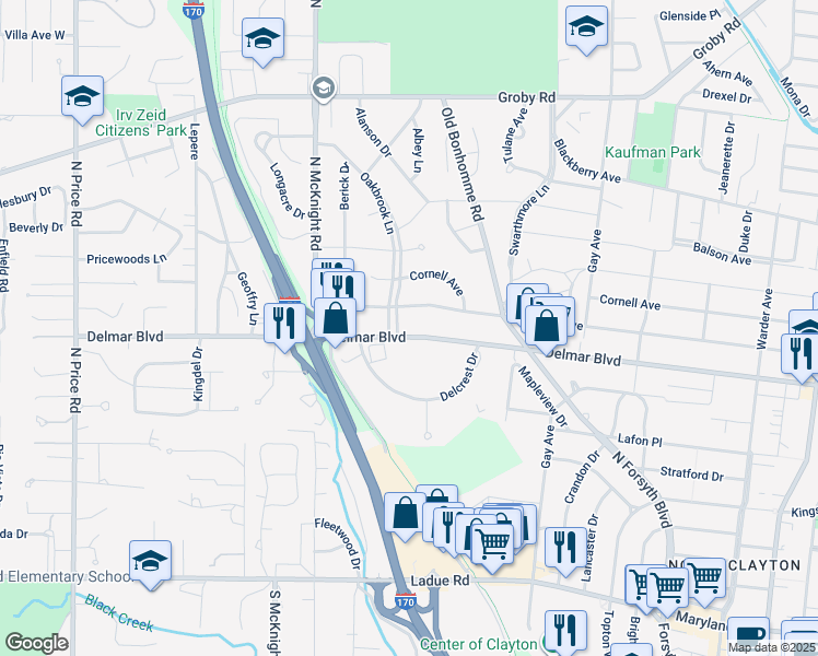 map of restaurants, bars, coffee shops, grocery stores, and more near 8399 Delmar Boulevard in St. Louis