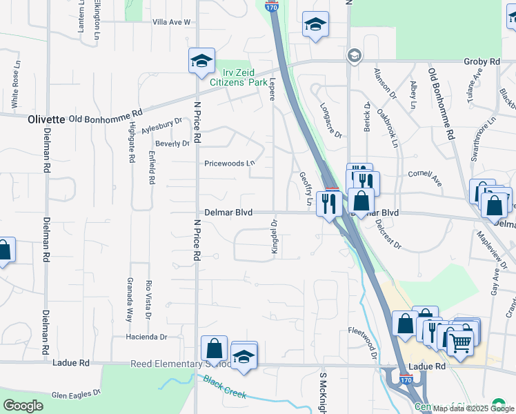map of restaurants, bars, coffee shops, grocery stores, and more near 8723 Delmar Boulevard in St. Louis
