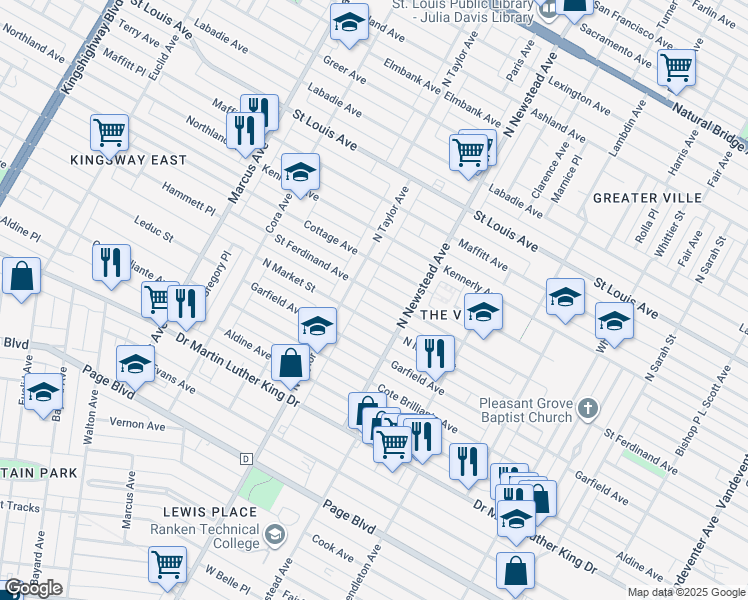 map of restaurants, bars, coffee shops, grocery stores, and more near 4440 Saint Ferdinand Avenue in St. Louis