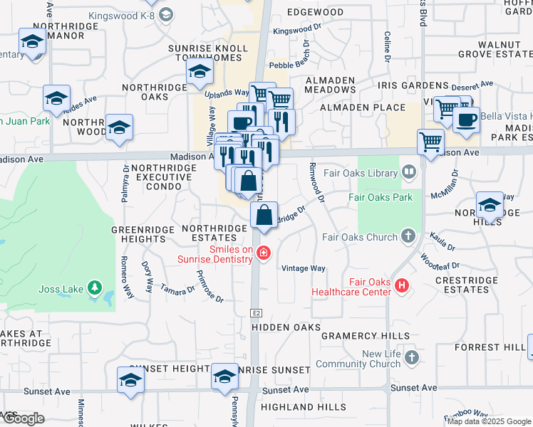 map of restaurants, bars, coffee shops, grocery stores, and more near 5200 Sunrise Boulevard in Fair Oaks