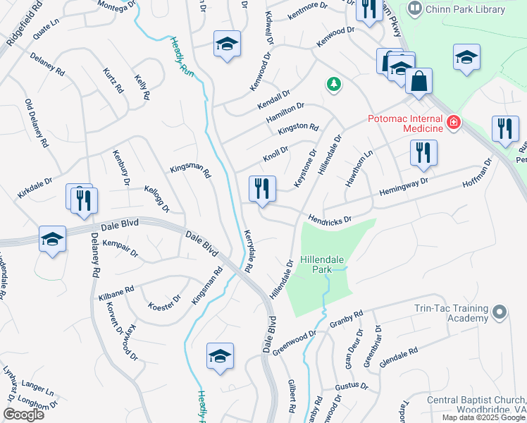 map of restaurants, bars, coffee shops, grocery stores, and more near 4516 Hazelton Drive in Woodbridge