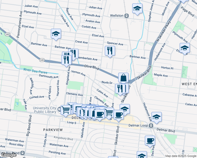 map of restaurants, bars, coffee shops, grocery stores, and more near 6401 North Drive in University City