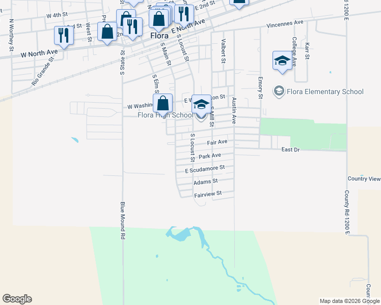 map of restaurants, bars, coffee shops, grocery stores, and more near 848 South Locust Street in Flora