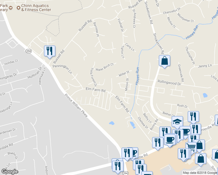 map of restaurants, bars, coffee shops, grocery stores, and more near 13428 Classic Ct in Woodbridge