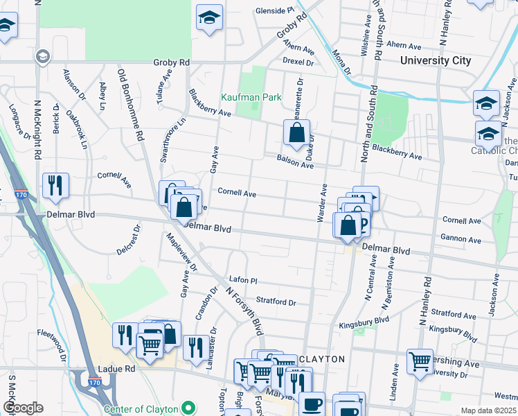 map of restaurants, bars, coffee shops, grocery stores, and more near 7933 Gannon Avenue in University City