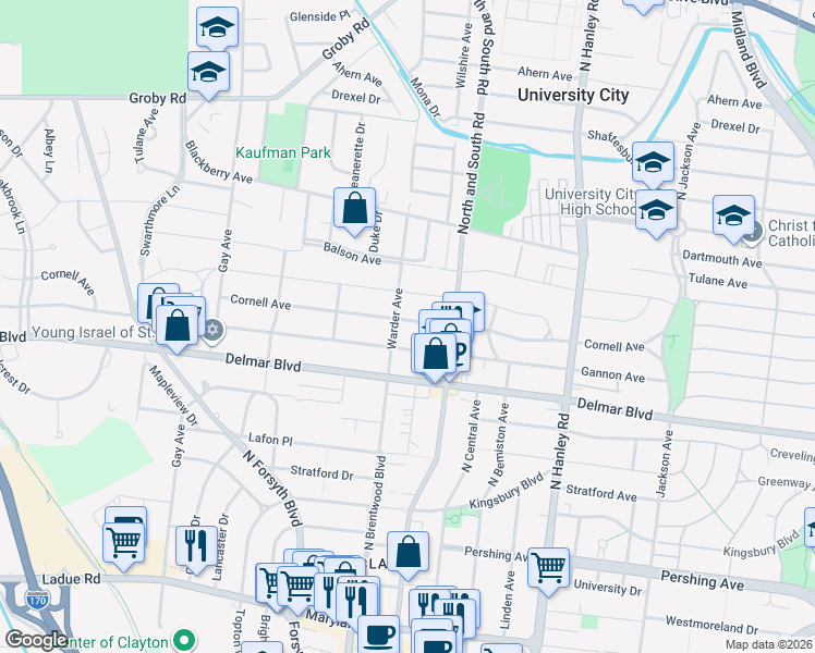 map of restaurants, bars, coffee shops, grocery stores, and more near 7740 Cornell Avenue in University City