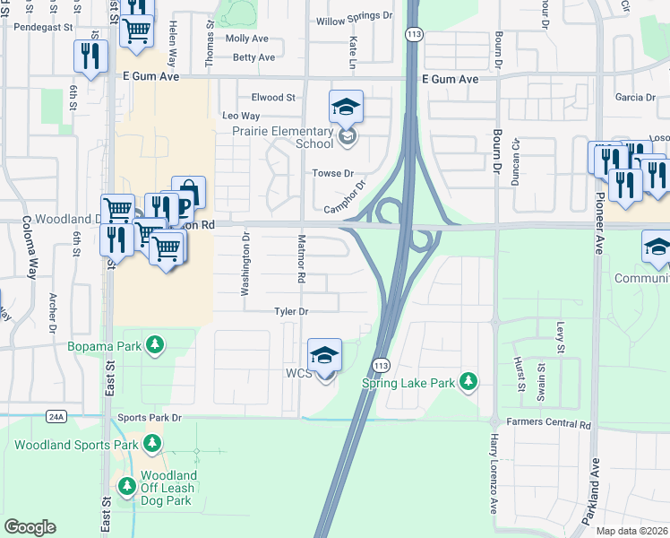 map of restaurants, bars, coffee shops, grocery stores, and more near 1431 Garfield Court in Woodland