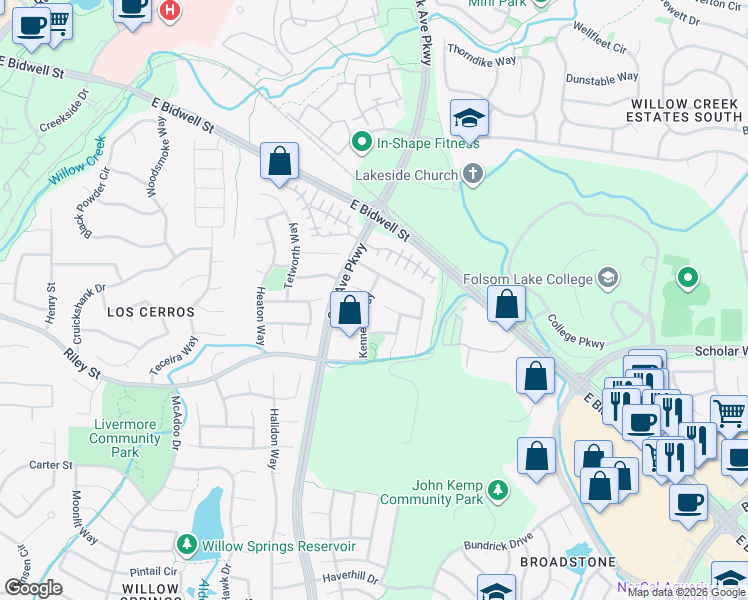 map of restaurants, bars, coffee shops, grocery stores, and more near 113 Kennerly Way in Folsom