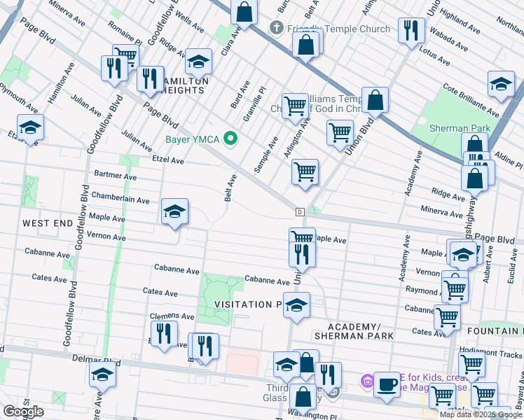 map of restaurants, bars, coffee shops, grocery stores, and more near 5405 Bartmer Avenue in St. Louis