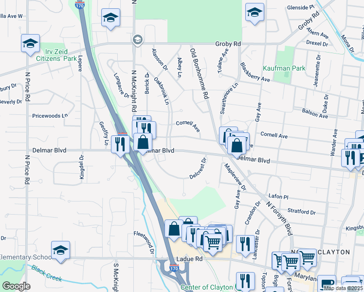 map of restaurants, bars, coffee shops, grocery stores, and more near 8315 Delmar Boulevard in St. Louis