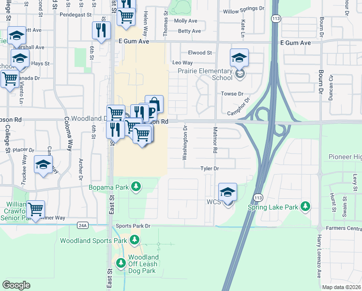 map of restaurants, bars, coffee shops, grocery stores, and more near 1333 Monroe Court in Woodland