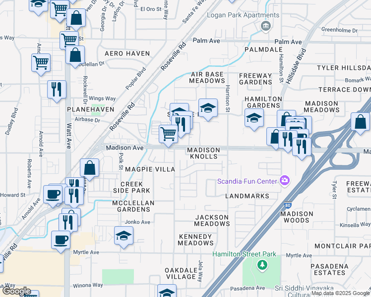 map of restaurants, bars, coffee shops, grocery stores, and more near Madison Avenue & Renick Way in North Highlands