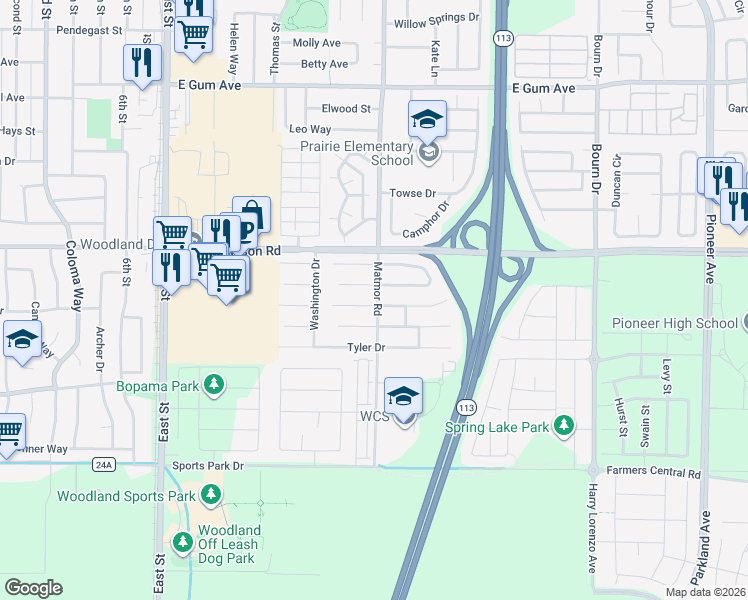 map of restaurants, bars, coffee shops, grocery stores, and more near 1387 Garfield Place in Woodland