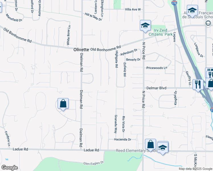 map of restaurants, bars, coffee shops, grocery stores, and more near 25 Crosswinds Drive in Olivette