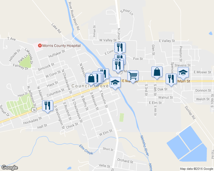 map of restaurants, bars, coffee shops, grocery stores, and more near 103 West Main Street in Council Grove
