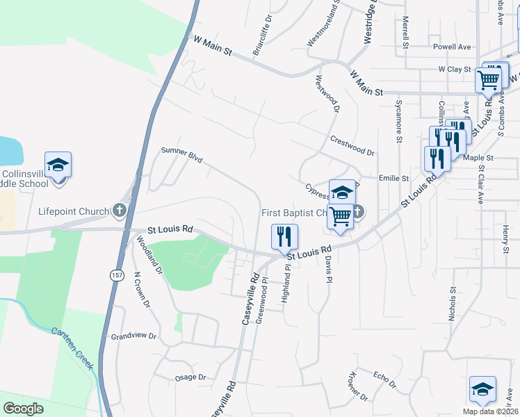 map of restaurants, bars, coffee shops, grocery stores, and more near 154 Sumner Boulevard in Collinsville