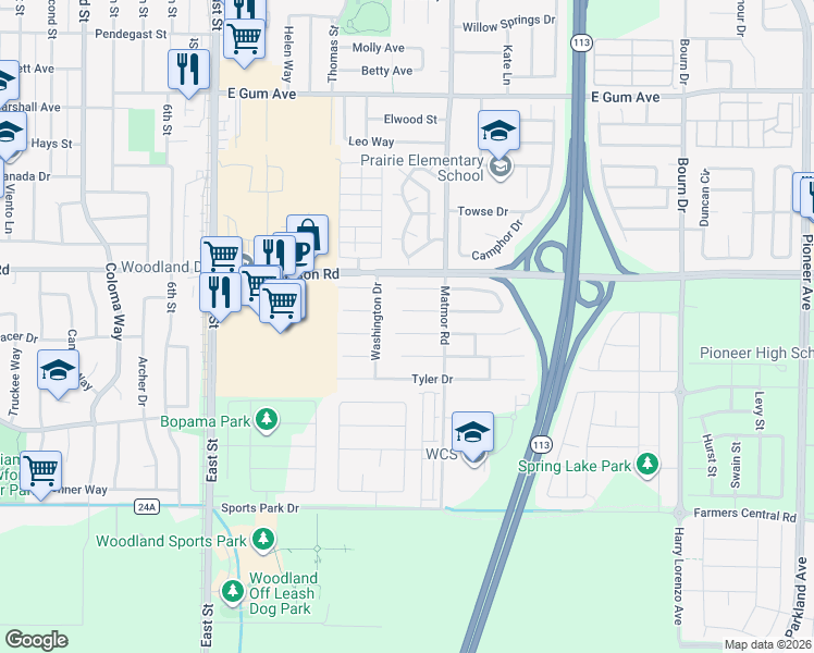 map of restaurants, bars, coffee shops, grocery stores, and more near 1363 Garfield Place in Woodland