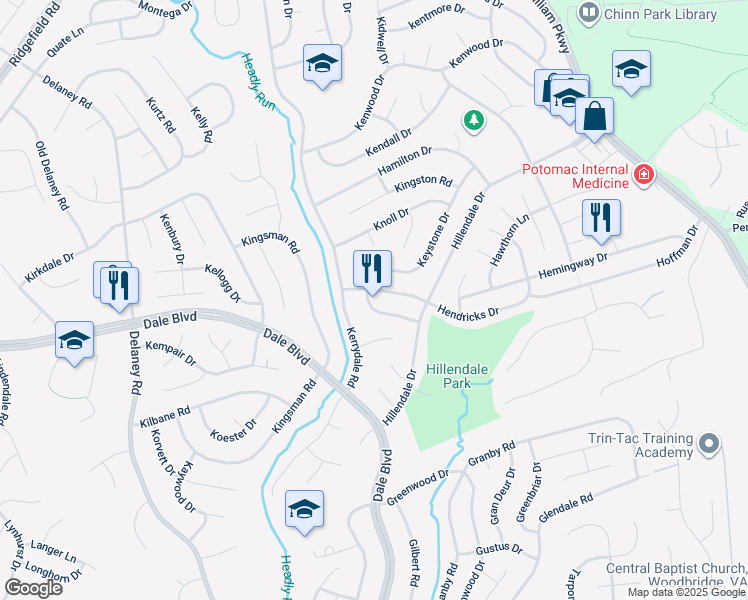 map of restaurants, bars, coffee shops, grocery stores, and more near 4516 Hazelton Drive in Woodbridge