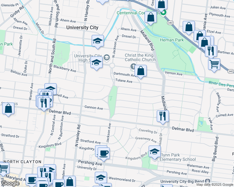 map of restaurants, bars, coffee shops, grocery stores, and more near 879 Vanderbilt Avenue in University City