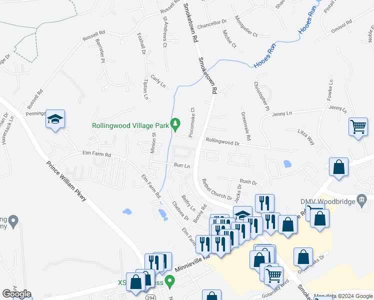 map of restaurants, bars, coffee shops, grocery stores, and more near 3433 Jousters Way in Woodbridge