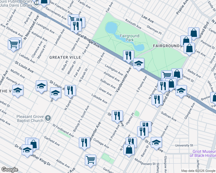 map of restaurants, bars, coffee shops, grocery stores, and more near 3938 Sullivan Avenue in St. Louis