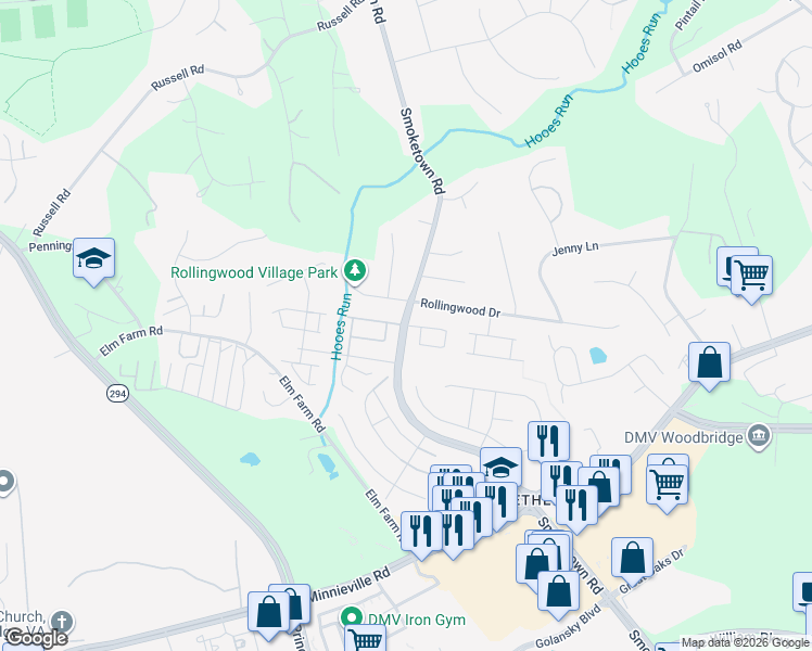 map of restaurants, bars, coffee shops, grocery stores, and more near Smoketown Rd & Wyndale Ct in Prince William