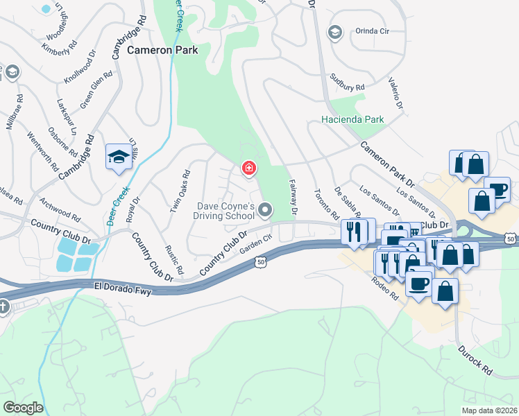 map of restaurants, bars, coffee shops, grocery stores, and more near 3293 Amethyst Lane in Cameron Park