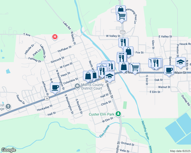 map of restaurants, bars, coffee shops, grocery stores, and more near 19 North Mission Street in Council Grove