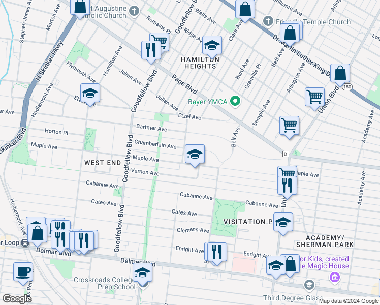 map of restaurants, bars, coffee shops, grocery stores, and more near 5588 Chamberlain Avenue in St. Louis