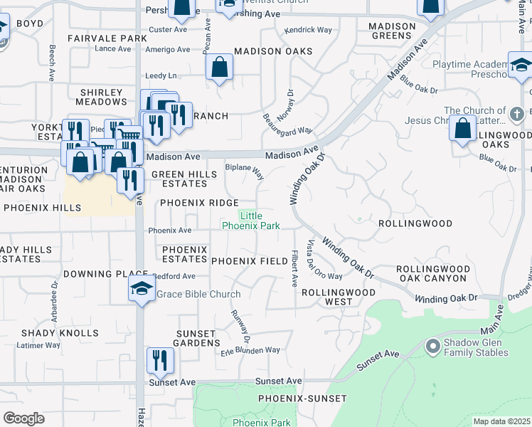 map of restaurants, bars, coffee shops, grocery stores, and more near 9058 High Flight Court in Fair Oaks