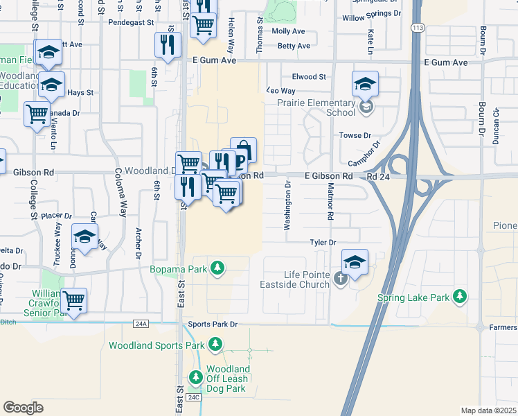 map of restaurants, bars, coffee shops, grocery stores, and more near 1301 Monroe Court in Woodland
