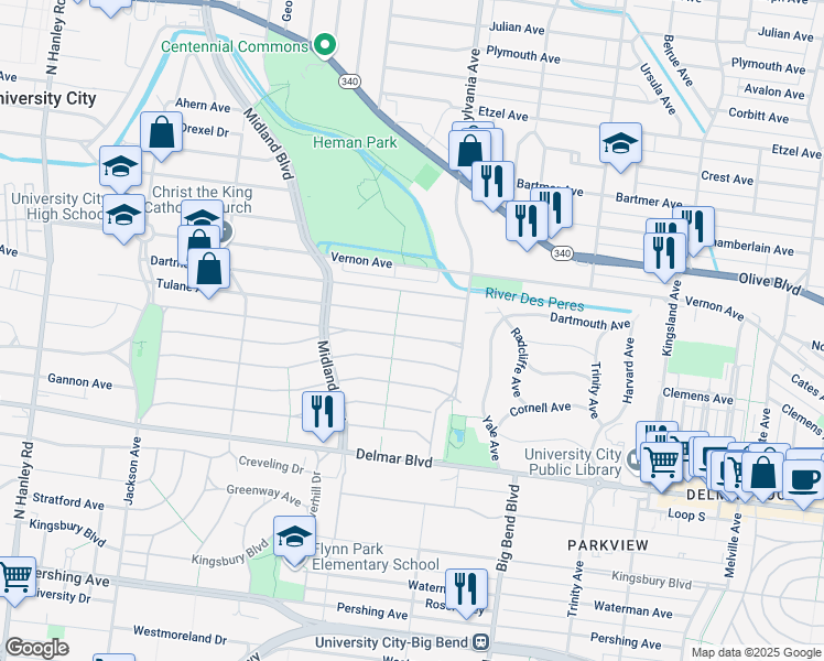 map of restaurants, bars, coffee shops, grocery stores, and more near 7045 Amherst Avenue in University City
