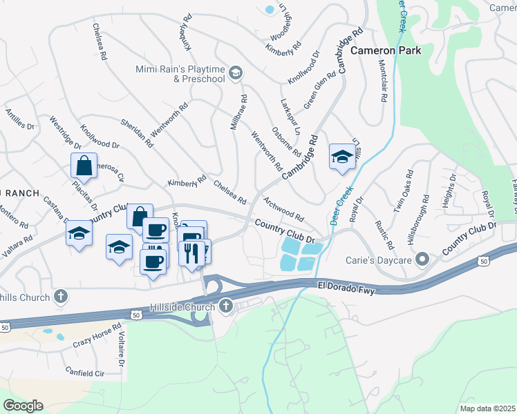 map of restaurants, bars, coffee shops, grocery stores, and more near 3827 Cambridge Road in Cameron Park