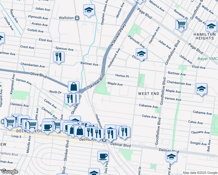 map of restaurants, bars, coffee shops, grocery stores, and more near 941R Catalpa Street in St. Louis
