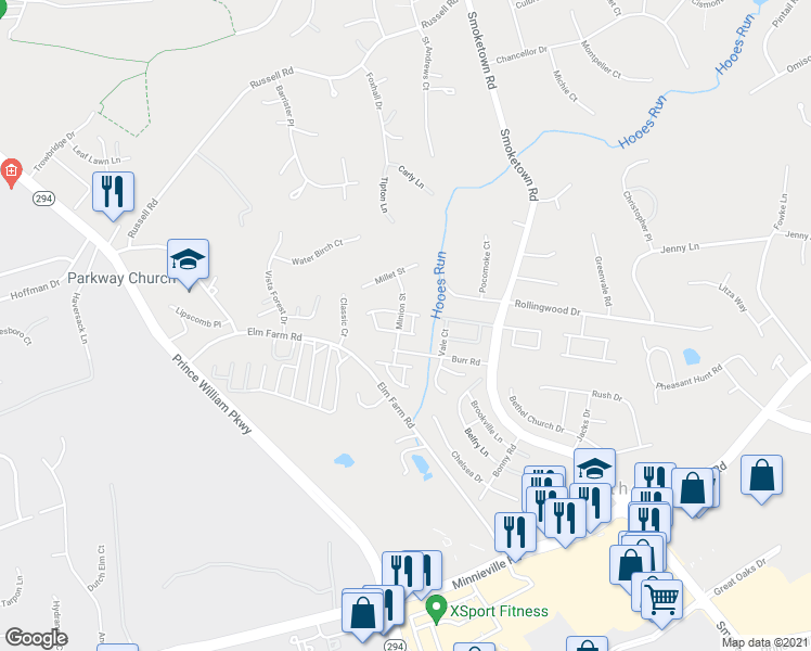 map of restaurants, bars, coffee shops, grocery stores, and more near 13428 Pomander Loop in Woodbridge