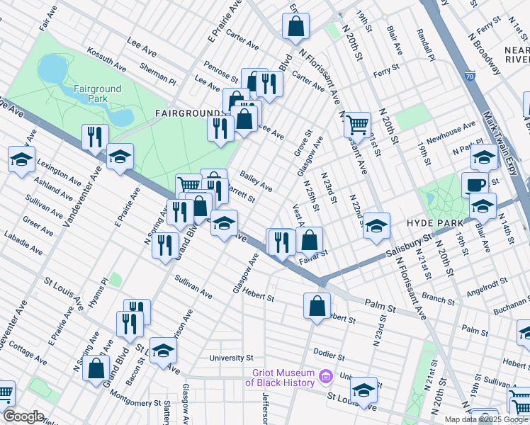 map of restaurants, bars, coffee shops, grocery stores, and more near 2918 Barrett Street in St. Louis