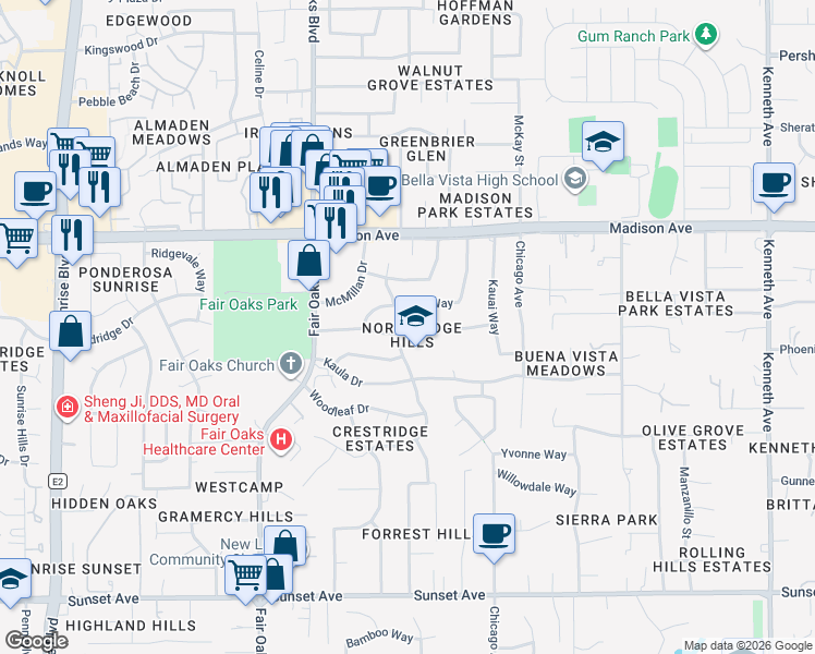map of restaurants, bars, coffee shops, grocery stores, and more near 8207 Oahu Drive in Fair Oaks