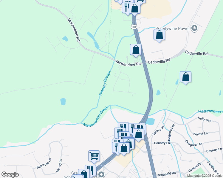 map of restaurants, bars, coffee shops, grocery stores, and more near 16647 Green Glade Drive in Brandywine